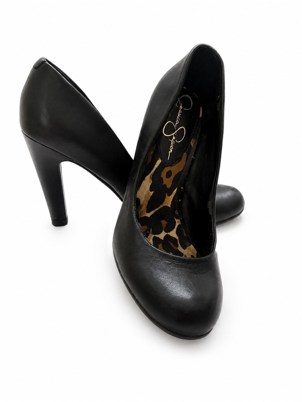 Jessica Simpson Black Round Toe Pumps Y2K Leopard Lined Heels Size 6B
